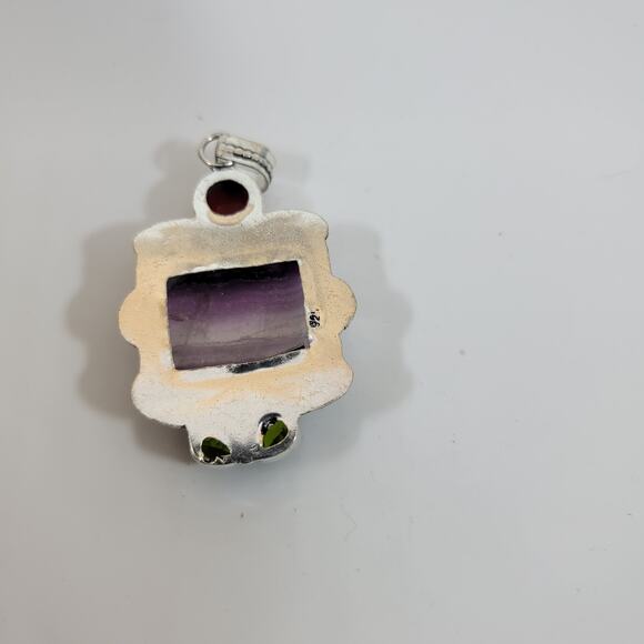 Handmade Silver Pendant with Banded Amethyst Jasper and Green Quartz Trio - Picture 4 of 10